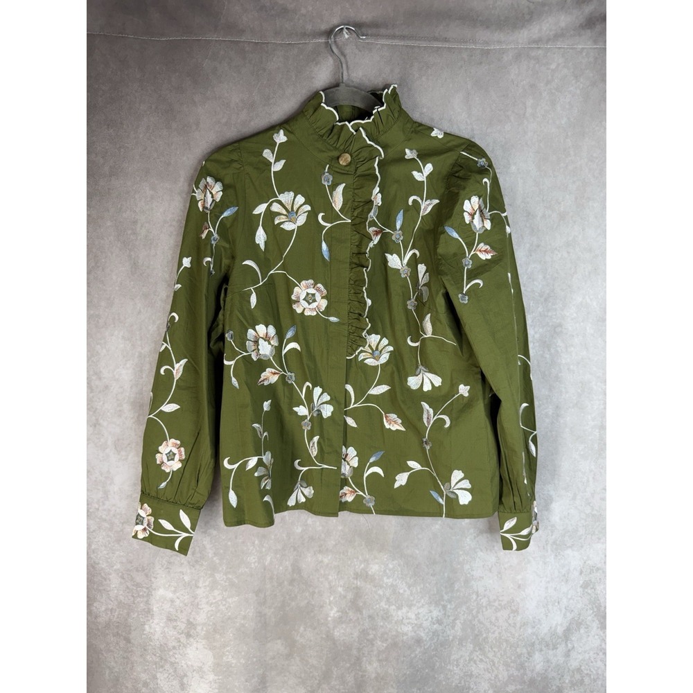 Sezane Coline Embroidered Flowers On Khaki Green Background Blouse Size 36 US 4 - Picture 3 of 9